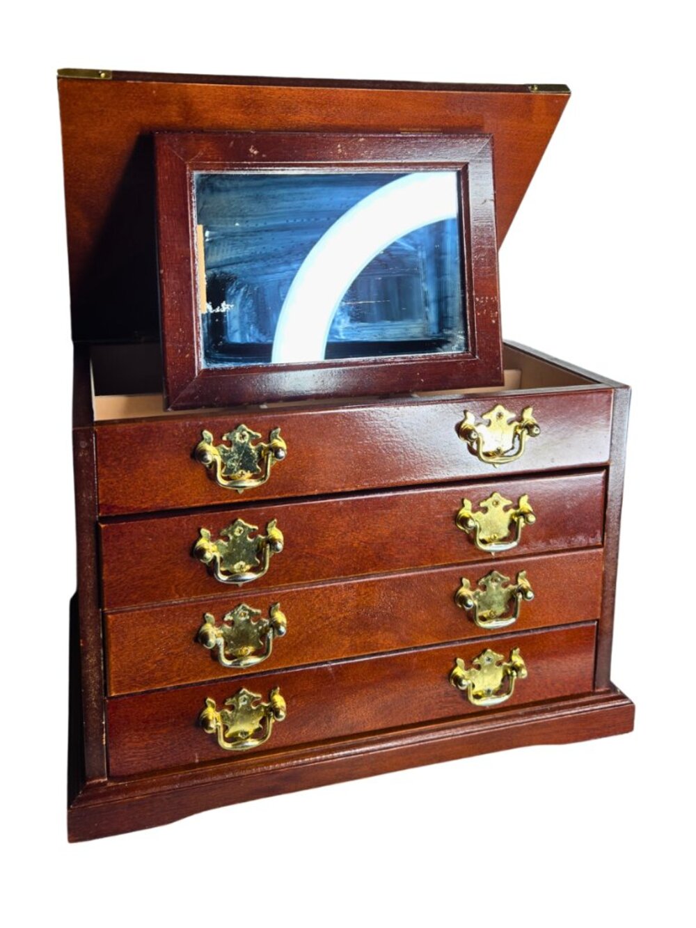 Jewelry Box, Four Drawer Chest, Dual Brass Drop Pulls, Mirror